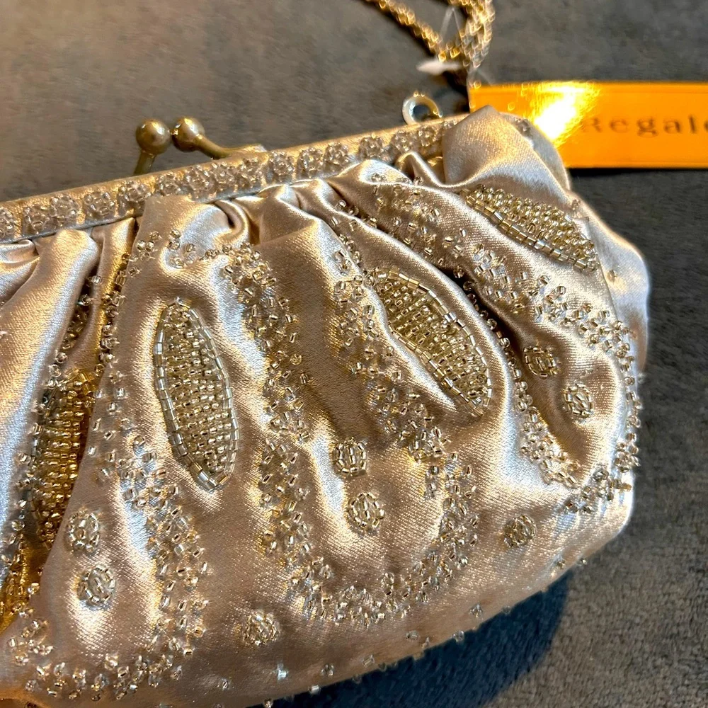 New Silver Beaded La Regale Satin Handbag - Picture 2 of 3